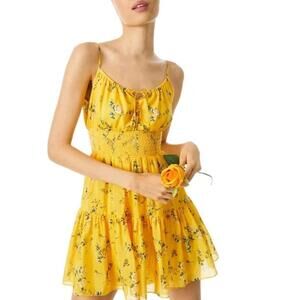 NWT $395 Alice Olivia Lai Floral Smocked Mini Dress Yellow Silk Blend Sz 4